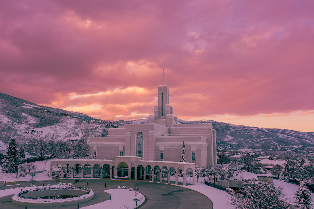 Winter Majesty: Bountiful Utah Temple in a Snowy Sunset