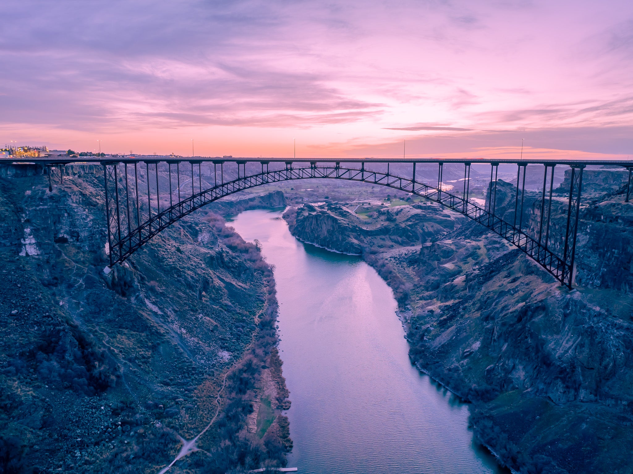Tranquil Moments: Perrine Bridge at Dawn over Snake River Canyon