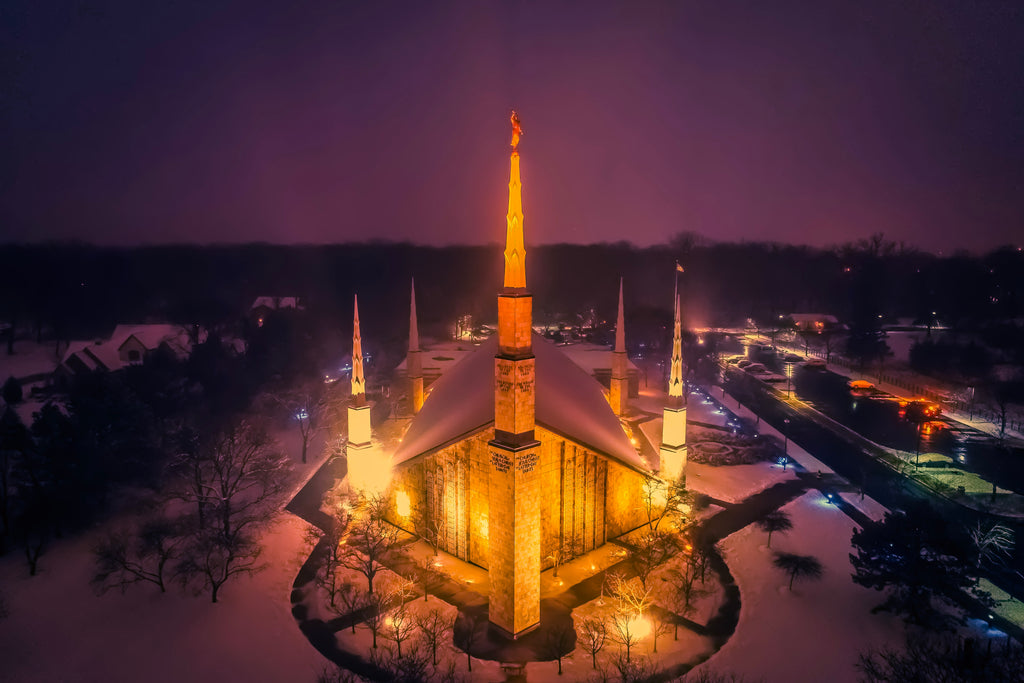 Winter Radiance: Chicago Illinois Temple in Snowy Twilight