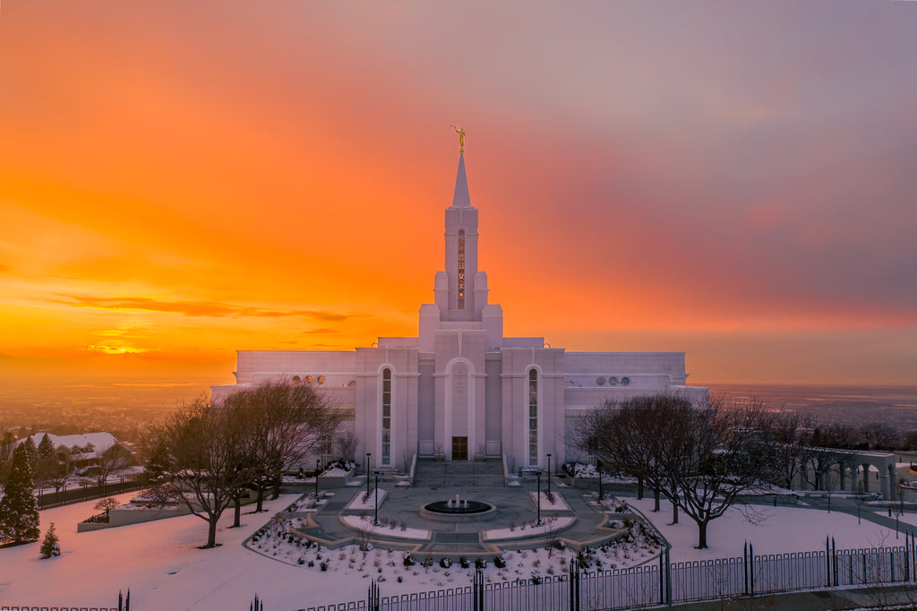 Heavenly Dawn: Bountiful Utah Temple in Winter’s Embrace
