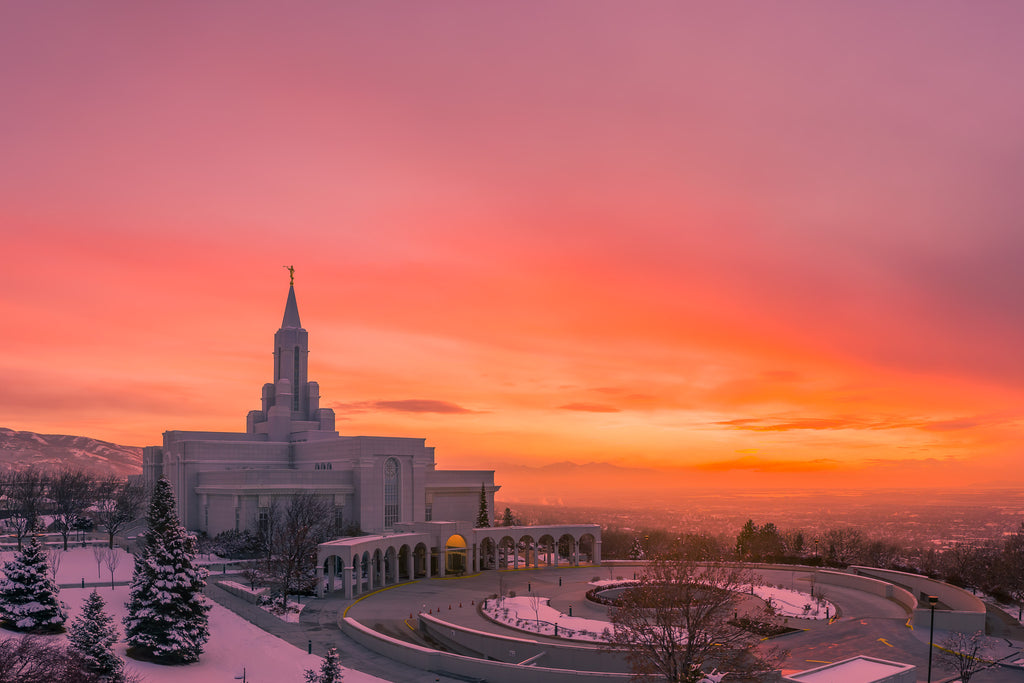 Winter Radiance: Bountiful Utah Temple at Sunrise