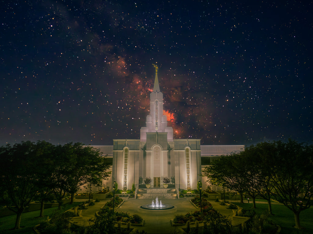Celestial Light: Bountiful Utah Temple Under a Starry Sky