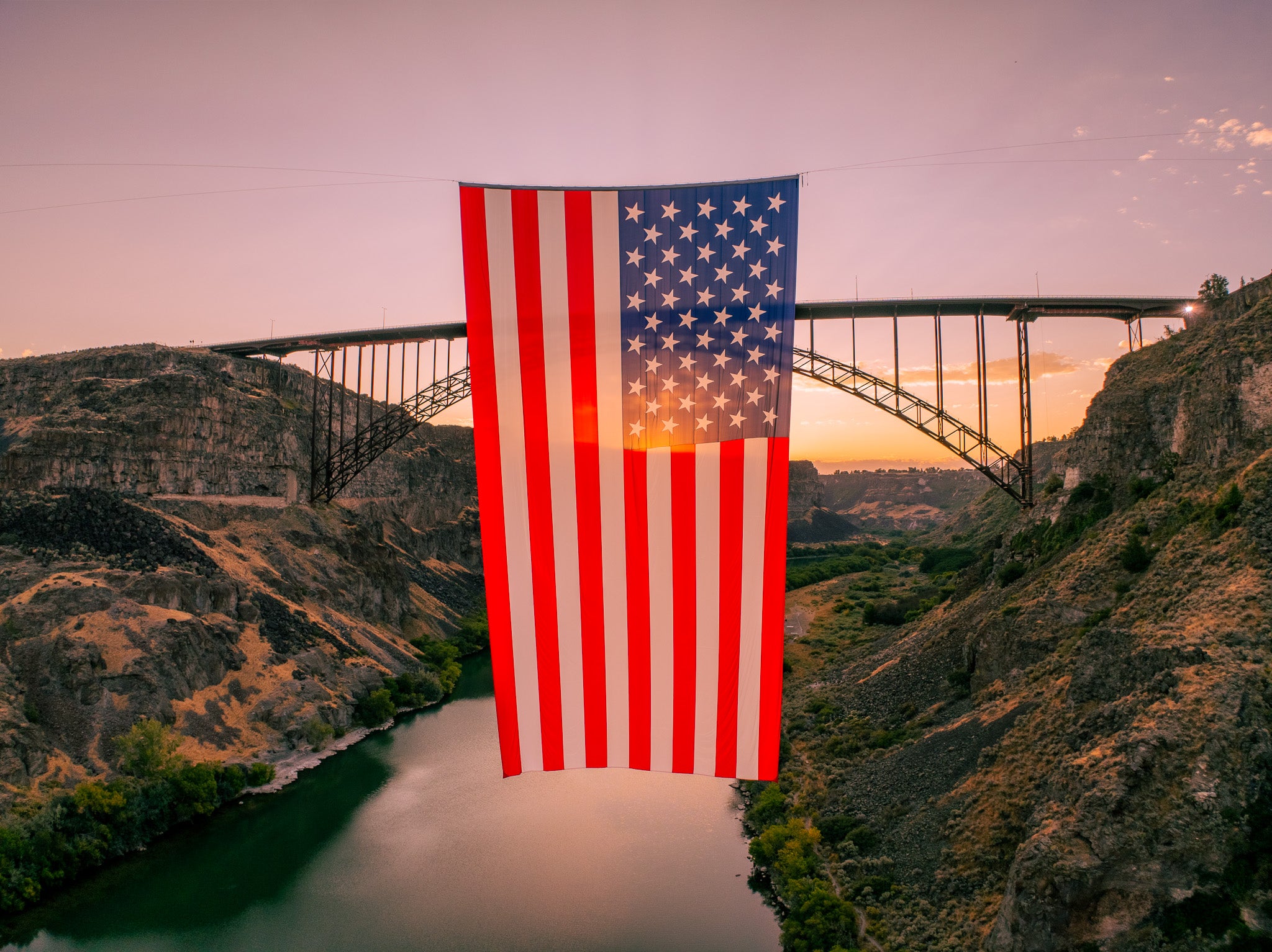 Patriotism Over the Snake River: Perrine Bridge at Sunset